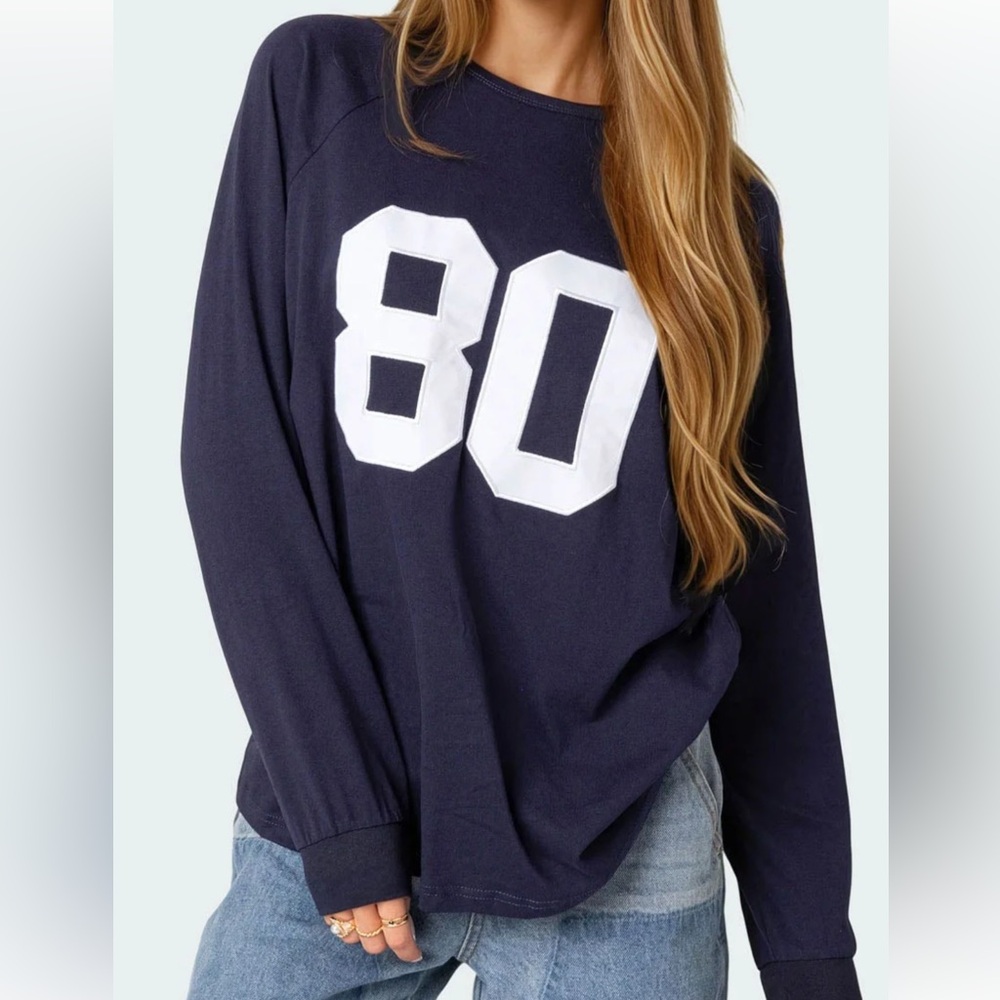 Edikted Dark Blue Long Sleeve Top with White Graphic